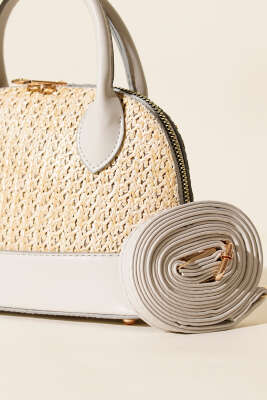 Oval Hasır Detaylı Çanta Gri - Kol Çantası