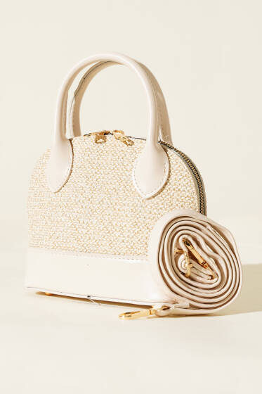 Oval Hasır Detaylı Çanta Krem - Kol Çantası