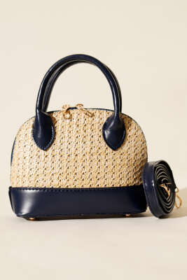 Oval Hasır Detaylı Çanta Lacivert - Kol Çantası