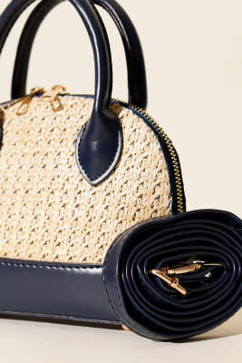 Oval Hasır Detaylı Çanta Lacivert - Kol Çantası