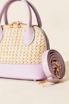 Oval Hasır Detaylı Çanta Lila - Kol Çantası
