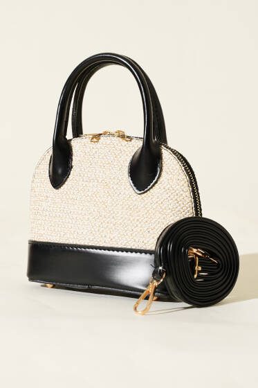 Oval Hasır Detaylı Çanta Siyah Bej - Kol Çantası