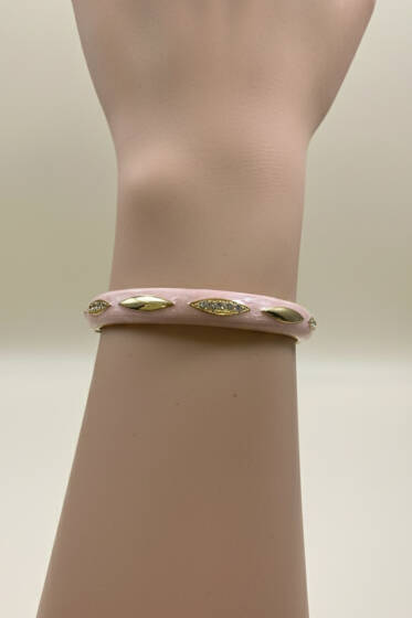 Oval Kabartmalı Taşlı Kelepçe Bileklik Pudra - Bileklik