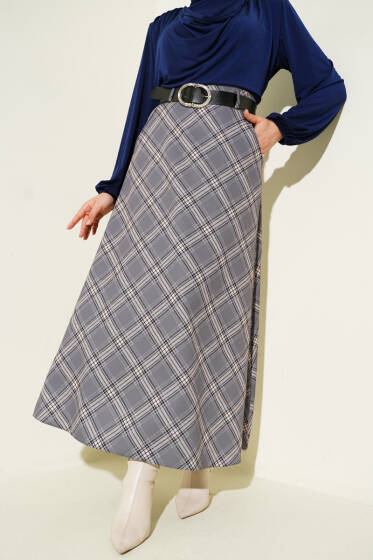 Oval Kemer Tokalı Ekoseli Etek Gri - Etek