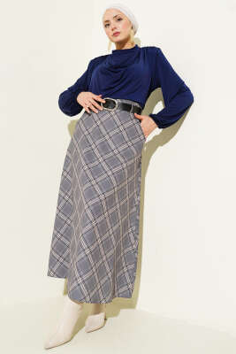 Oval Kemer Tokalı Ekoseli Etek Gri - Etek