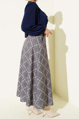 Oval Kemer Tokalı Ekoseli Etek Gri - Etek