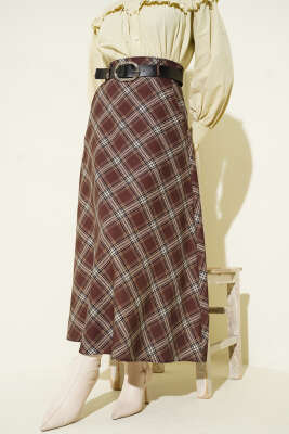 Oval Kemer Tokalı Ekoseli Etek Kahve - MUSTİ