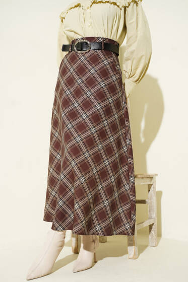 Oval Kemer Tokalı Ekoseli Etek Kahve - Etek