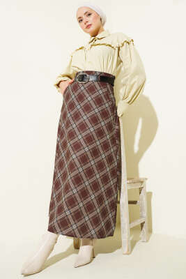 Oval Kemer Tokalı Ekoseli Etek Kahve - Etek