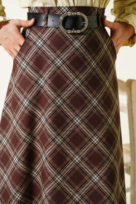 Oval Kemer Tokalı Ekoseli Etek Kahve - Etek