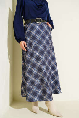 Oval Kemer Tokalı Ekoseli Etek Lacivert - MUSTİ