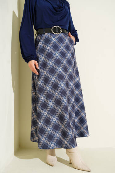 Oval Kemer Tokalı Ekoseli Etek Lacivert - Etek