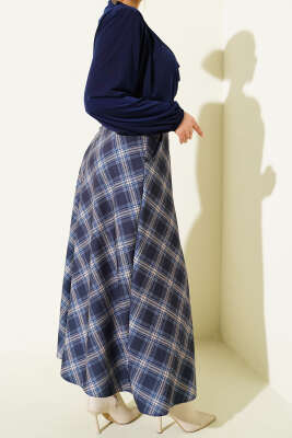 Oval Kemer Tokalı Ekoseli Etek Lacivert - Etek