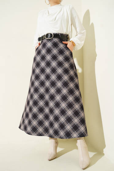 Oval Kemer Tokalı Ekoseli Etek Siyah - Etek