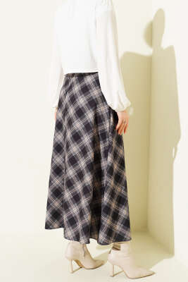 Oval Kemer Tokalı Ekoseli Etek Siyah - Etek