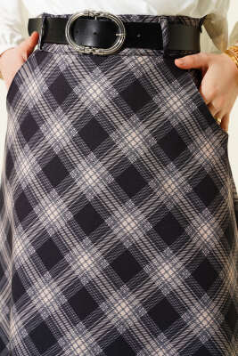 Oval Kemer Tokalı Ekoseli Etek Siyah - Etek