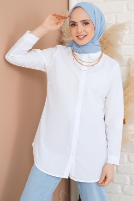 Oval Kesim Boyfriend Beyaz Tunik - LİYAD TEKSİTL