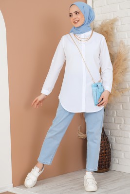 Oval Kesim Boyfriend Beyaz Tunik - Tunik