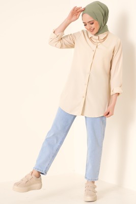 Oval Kesim Boyfriend Krem Tunik - Tunik