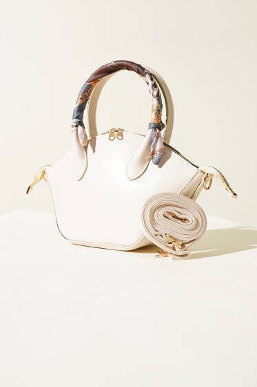 Oval Kesim Fularlı Çanta Bej - Kol Çantası