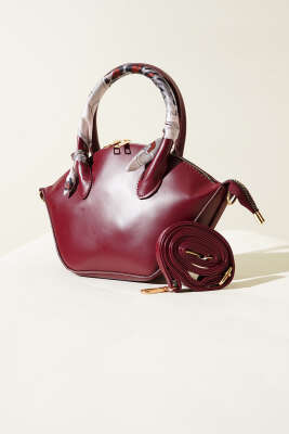 Oval Kesim Fularlı Çanta Bordo 