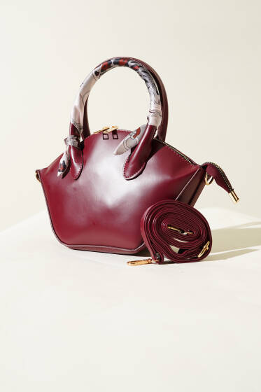 Oval Kesim Fularlı Çanta Bordo - Kol Çantası