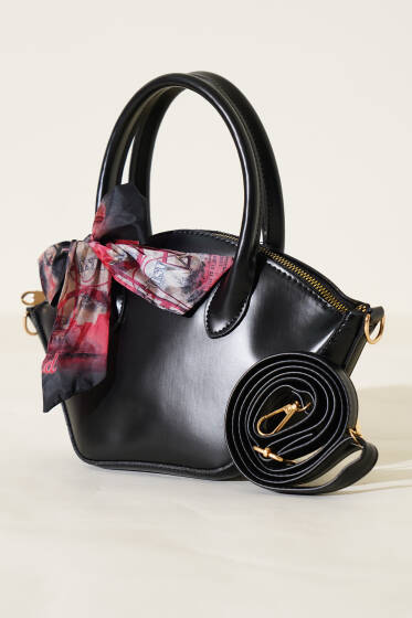 Oval Kesim Fularlı Çanta Siyah - Kol Çantası