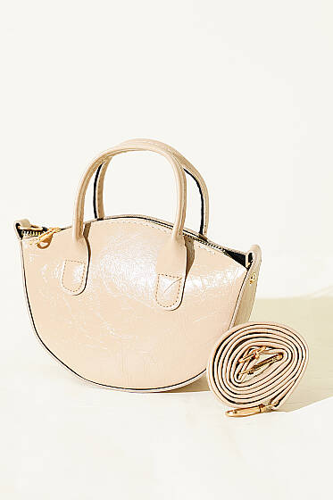 Oval Kesim Rugan Mini Çanta Bej - Kol Çantası