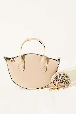 Oval Kesim Rugan Mini Çanta Bej - Kol Çantası