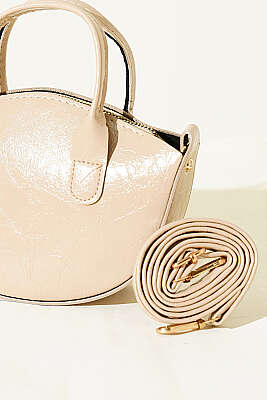 Oval Kesim Rugan Mini Çanta Bej - Kol Çantası