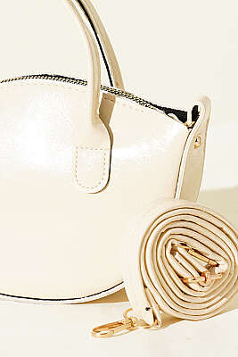 Oval Kesim Rugan Mini Çanta Krem - Kol Çantası