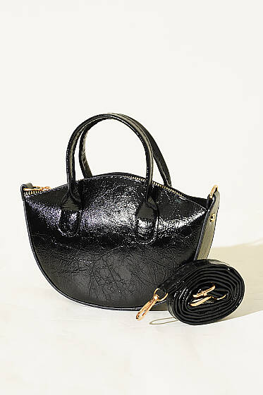 Oval Kesim Rugan Mini Çanta Siyah - Kol Çantası