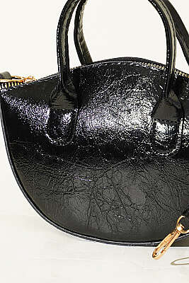 Oval Kesim Rugan Mini Çanta Siyah - Kol Çantası