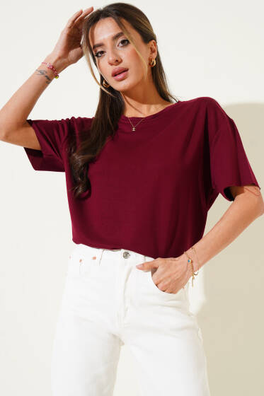 Oval Kesim T-shirt Bordo - Kadın Giyim Modelleri