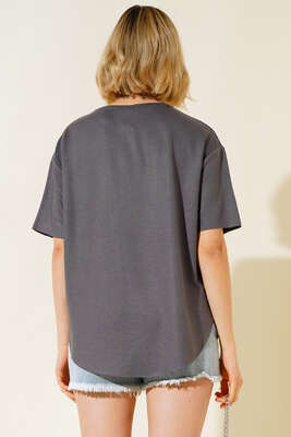 Oval Kesim T-shirt Füme - Yılın Fırsatı
