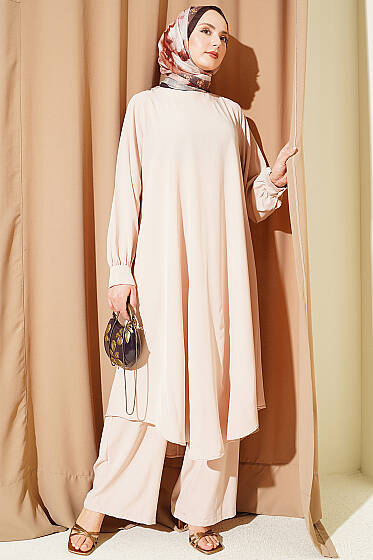 Oval Kesim Uzun Tunikli İkili Takım Bej - İkili Takım