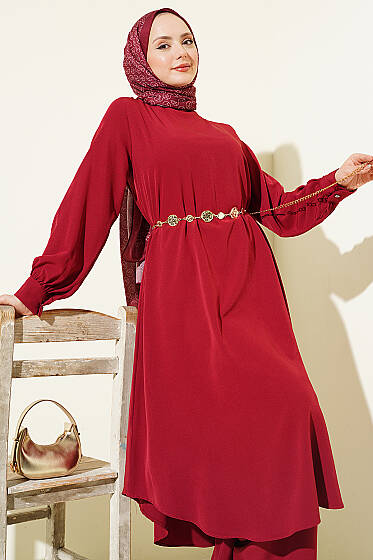 Oval Kesim Uzun Tunikli İkili Takım Bordo - İkili Takım