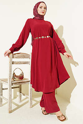 Oval Kesim Uzun Tunikli İkili Takım Bordo - İkili Takım