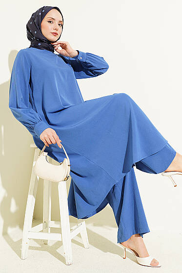 Oval Kesim Uzun Tunikli İkili Takım İndigo - İkili Takım