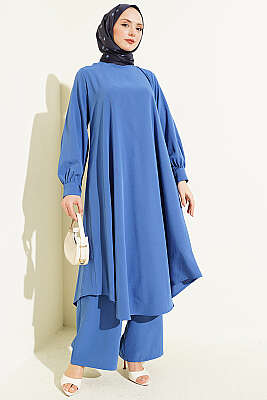 Oval Kesim Uzun Tunikli İkili Takım İndigo - İkili Takım