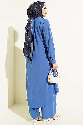 Oval Kesim Uzun Tunikli İkili Takım İndigo - İkili Takım