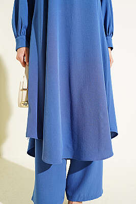 Oval Kesim Uzun Tunikli İkili Takım İndigo - İkili Takım