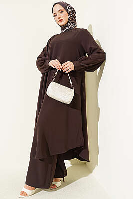 Oval Kesim Uzun Tunikli İkili Takım Kahve - BERAT TEKSTİL