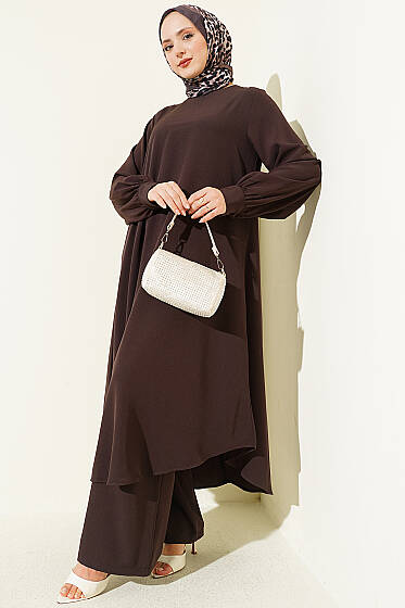 Oval Kesim Uzun Tunikli İkili Takım Kahve - İkili Takım