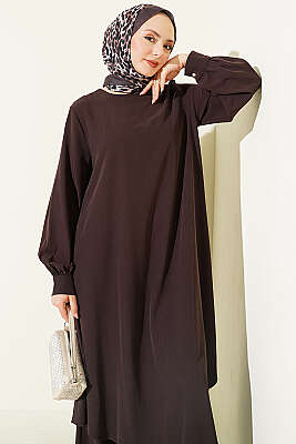 Oval Kesim Uzun Tunikli İkili Takım Kahve - İkili Takım