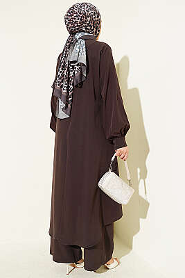 Oval Kesim Uzun Tunikli İkili Takım Kahve - İkili Takım