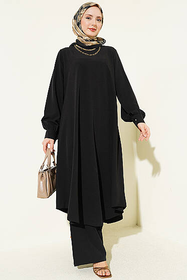 Oval Kesim Uzun Tunikli İkili Takım Siyah - İkili Takım