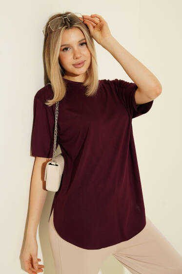 Oval Lazer Kesim T-shirt Mürdüm - Kadın Giyim Modelleri