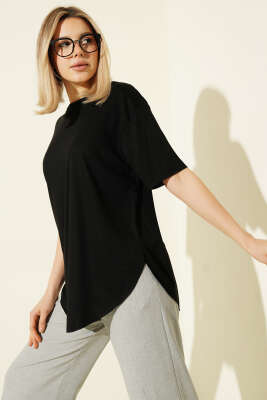 Oval Lazer Kesim T-shirt Siyah - CALİENTE