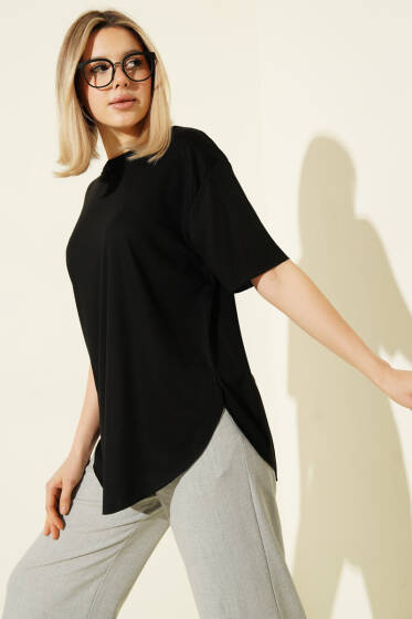 Oval Lazer Kesim T-shirt Siyah - Kadın Giyim Modelleri